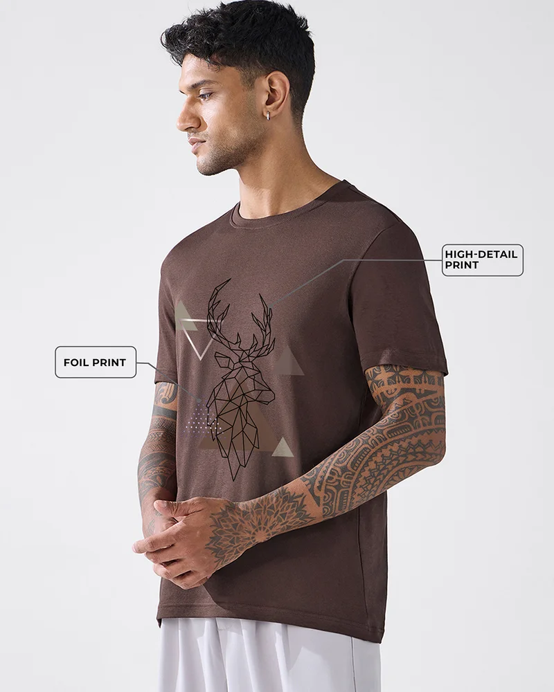 bewakoof Men's Coffee Brown Moody Stag Graphic Printed T-shirt